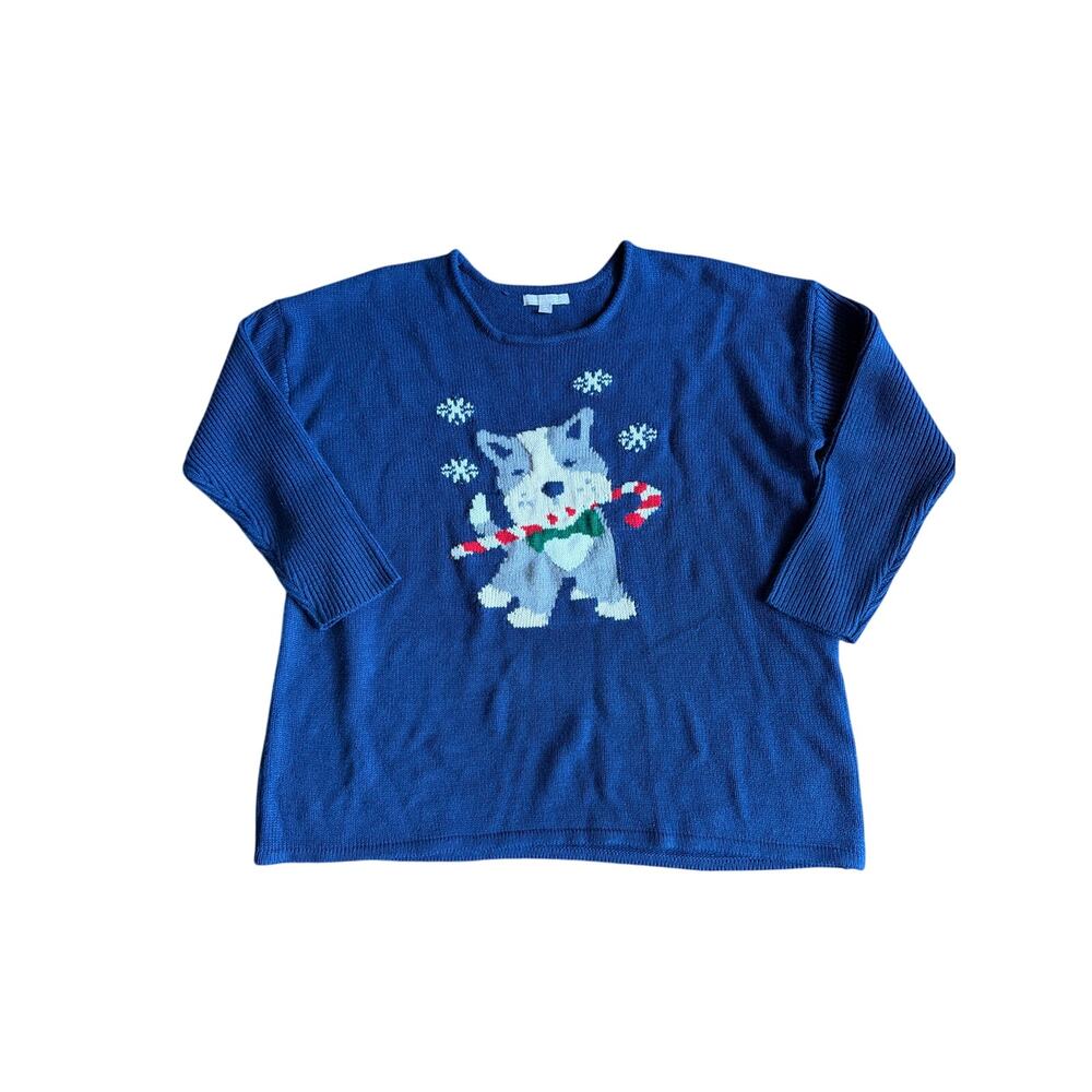 Woman Within Size 1X 22/24 Christmas Dog Candy Cane Navy Blue Sweater